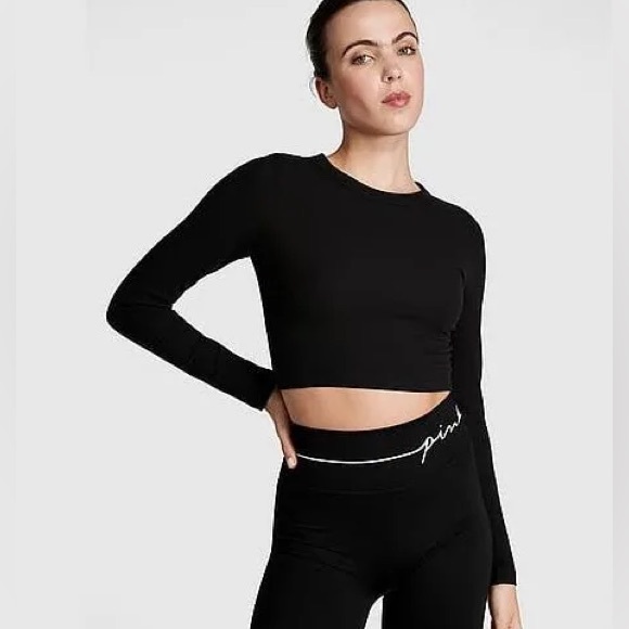 Black Long Sleeved Crop Top VS PINK (LARGE) - Picture 1 of 4